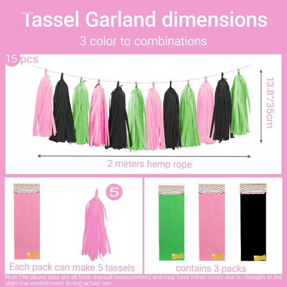 Tissue Paper Tassel Garland Banner, 15 Pack, Pink Green Black, Party Decorations for Birthday, Baby