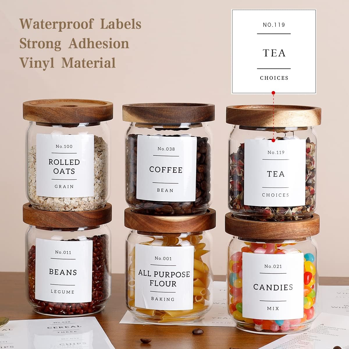 16 OZ Stackable Glass Food Storage Jars with 132 Pantry Labels Preprinted - 6 Pcs Thicken Glass