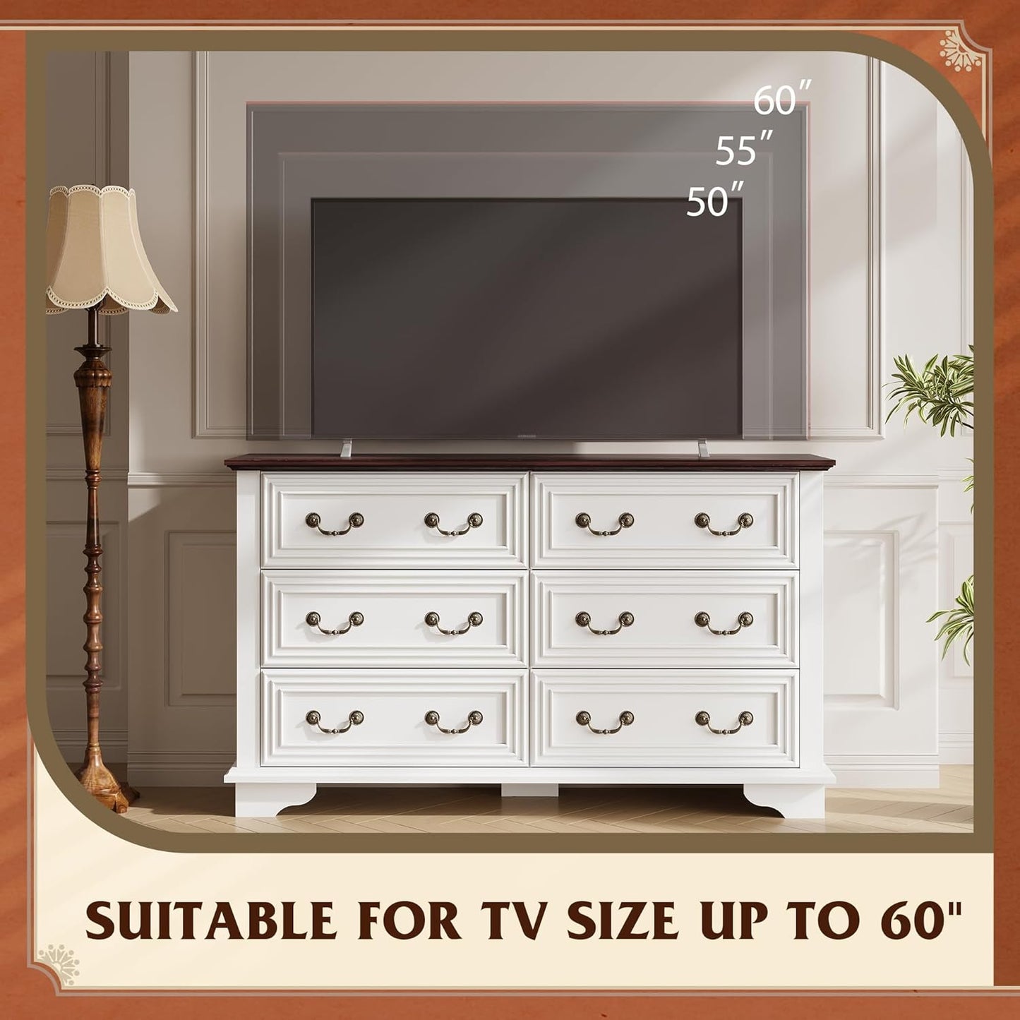 WLIVE Farmhouse Dresser for Bedroom, 51.97'' Wide Wood White Dresser with 6 Drawer, Chest of