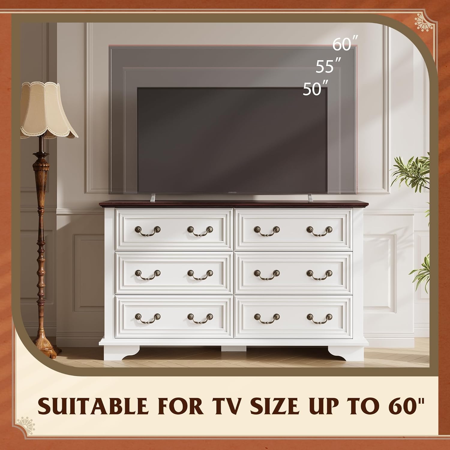 WLIVE Farmhouse Dresser for Bedroom, 51.97'' Wide Wood White Dresser with 6 Drawer, Chest of