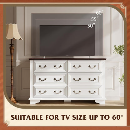 WLIVE Farmhouse Dresser for Bedroom, 51.97'' Wide Wood White Dresser with 6 Drawer, Chest of