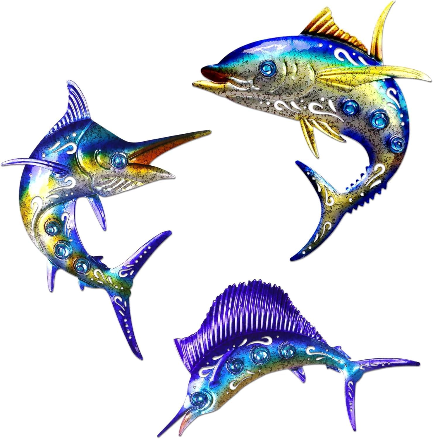 Metal Fish Wall Art Decor, 3-Piece Marlin Tuna Swordfish Set, Blue and Gold Tropical Ocean Theme