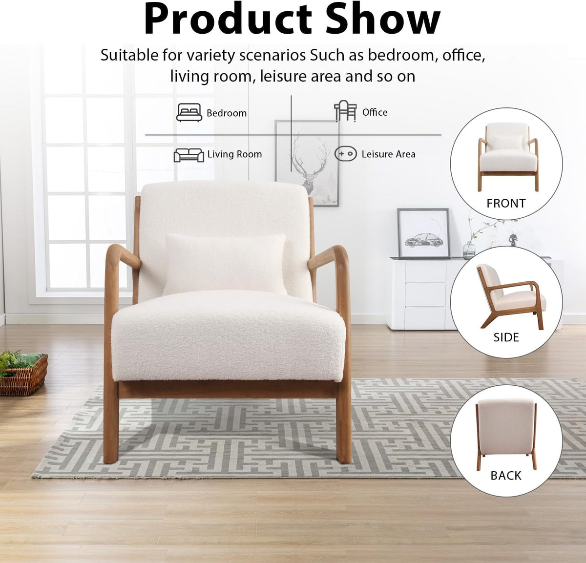 INZOY Mid Century Modern Accent Chair with Lamb Wool Fabric, Upholstered Living Room Chairs with