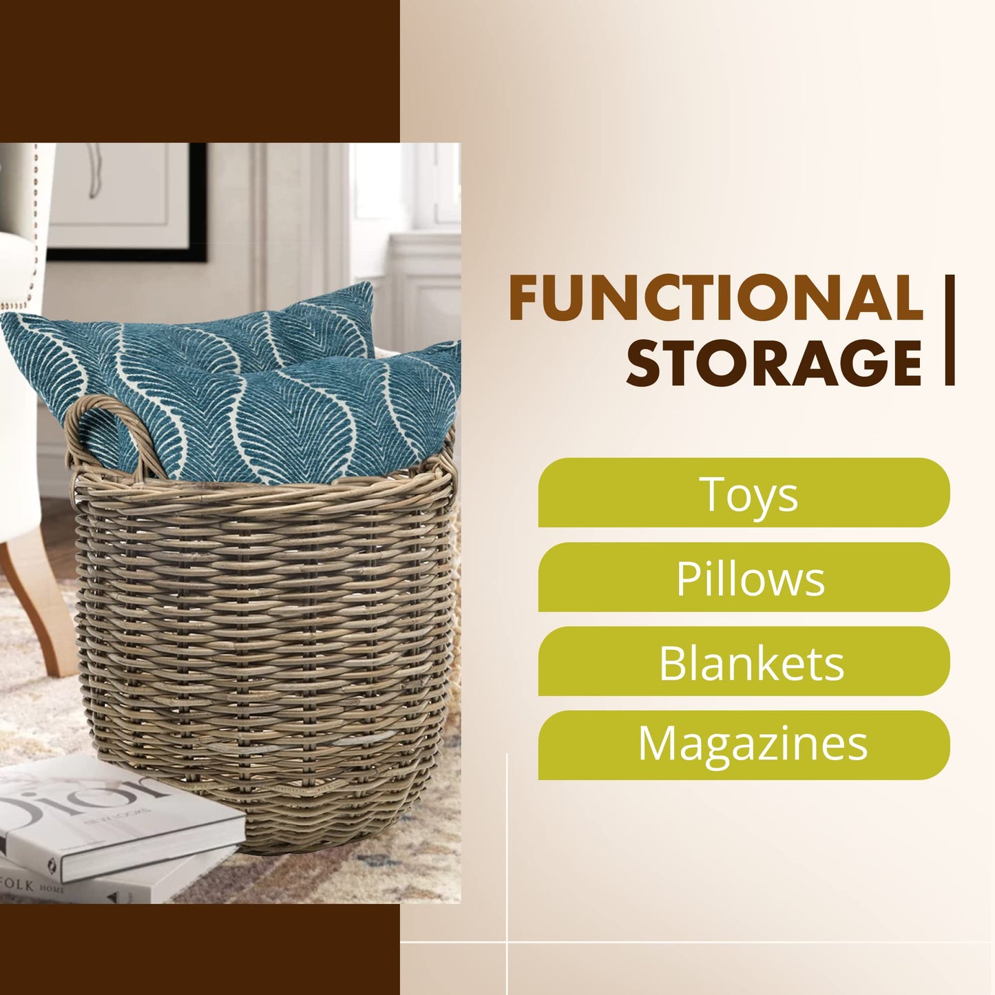 KOUBOO Rattan Kobo Round Storage Basket with Handles, Gray Brown, Large