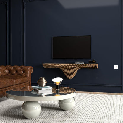Parametric 50 inch Floating Shelf TV Unit Modern Geometric Wooden Wall Piece Decor Natural Oak