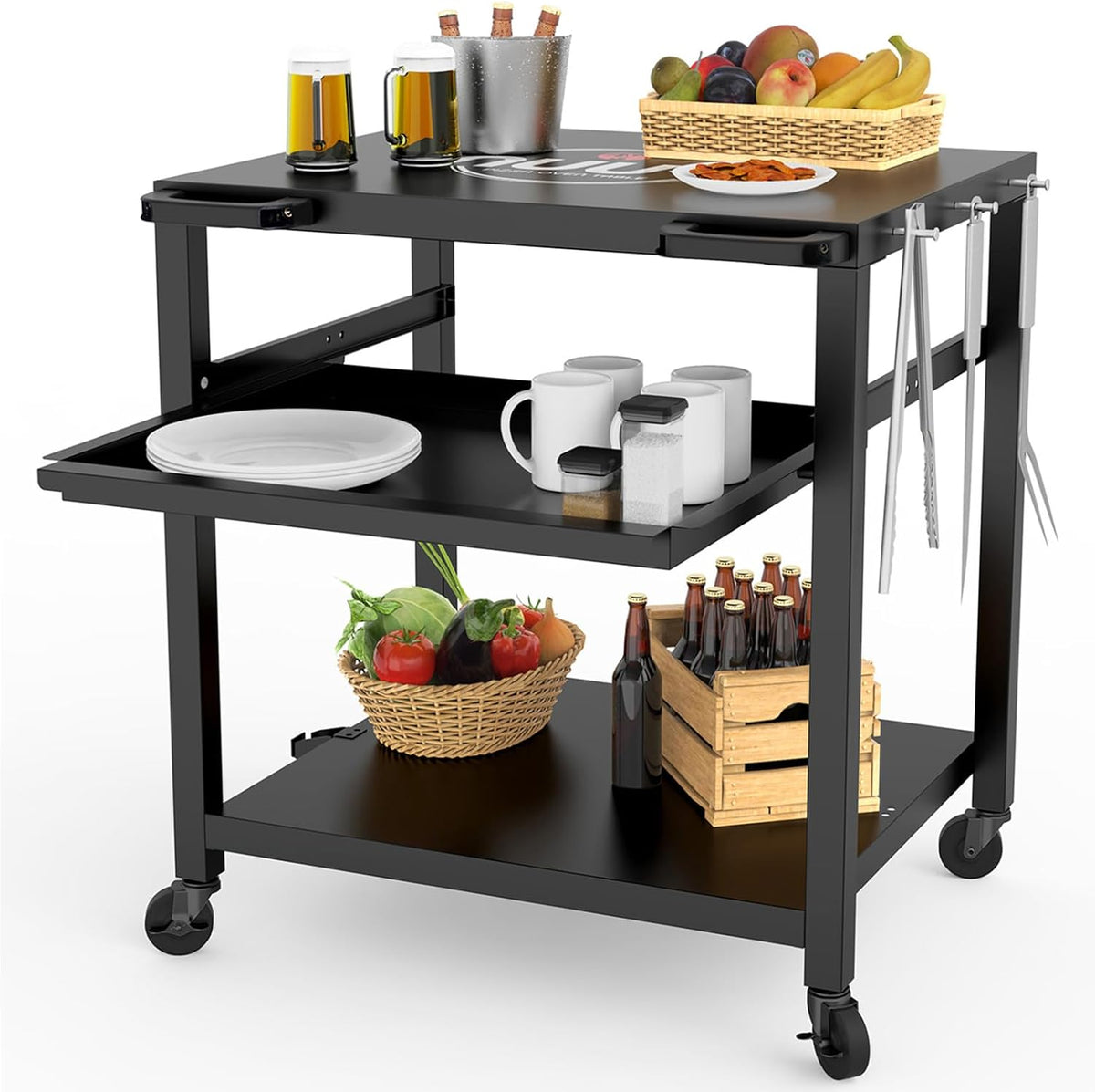 NUUK Outdoor Grill Prep Table 24"x30" Metal Grill Cart Outside 3-Layer Pizza Oven Table Movable