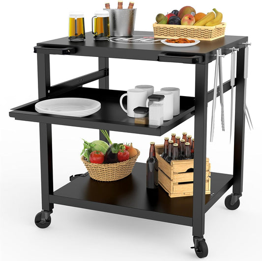 NUUK Outdoor Grill Prep Table 24"x30" Metal Grill Cart Outside 3-Layer Pizza Oven Table Movable