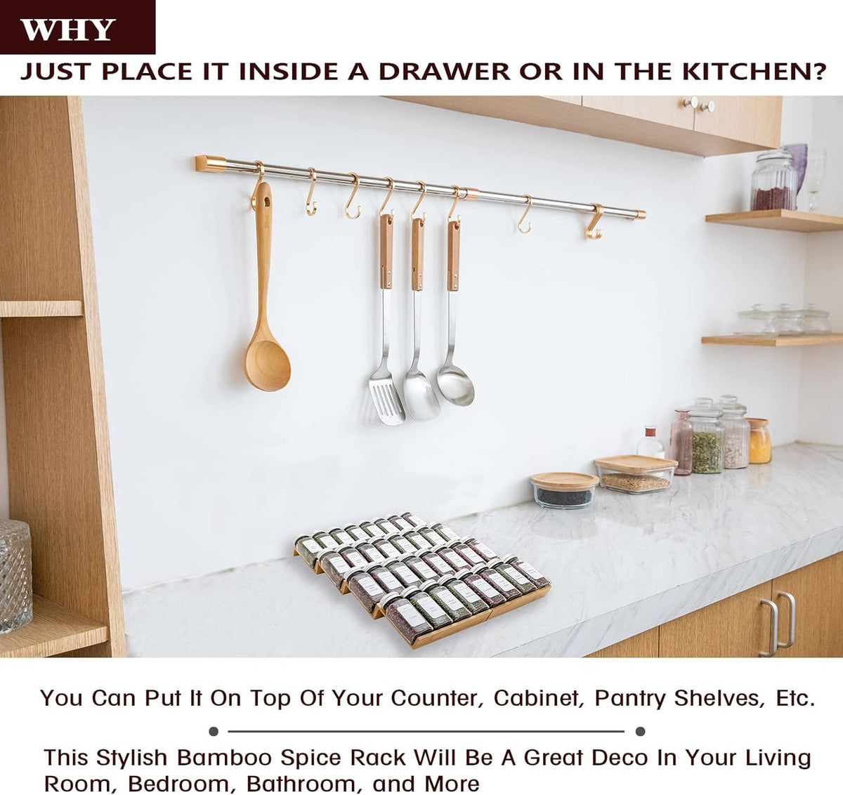 Bamboo Spice Rack Drawer Organizer - 8 Pieces Set- 7" Wide Per Piece - Combine Pieces Into 14" Wide