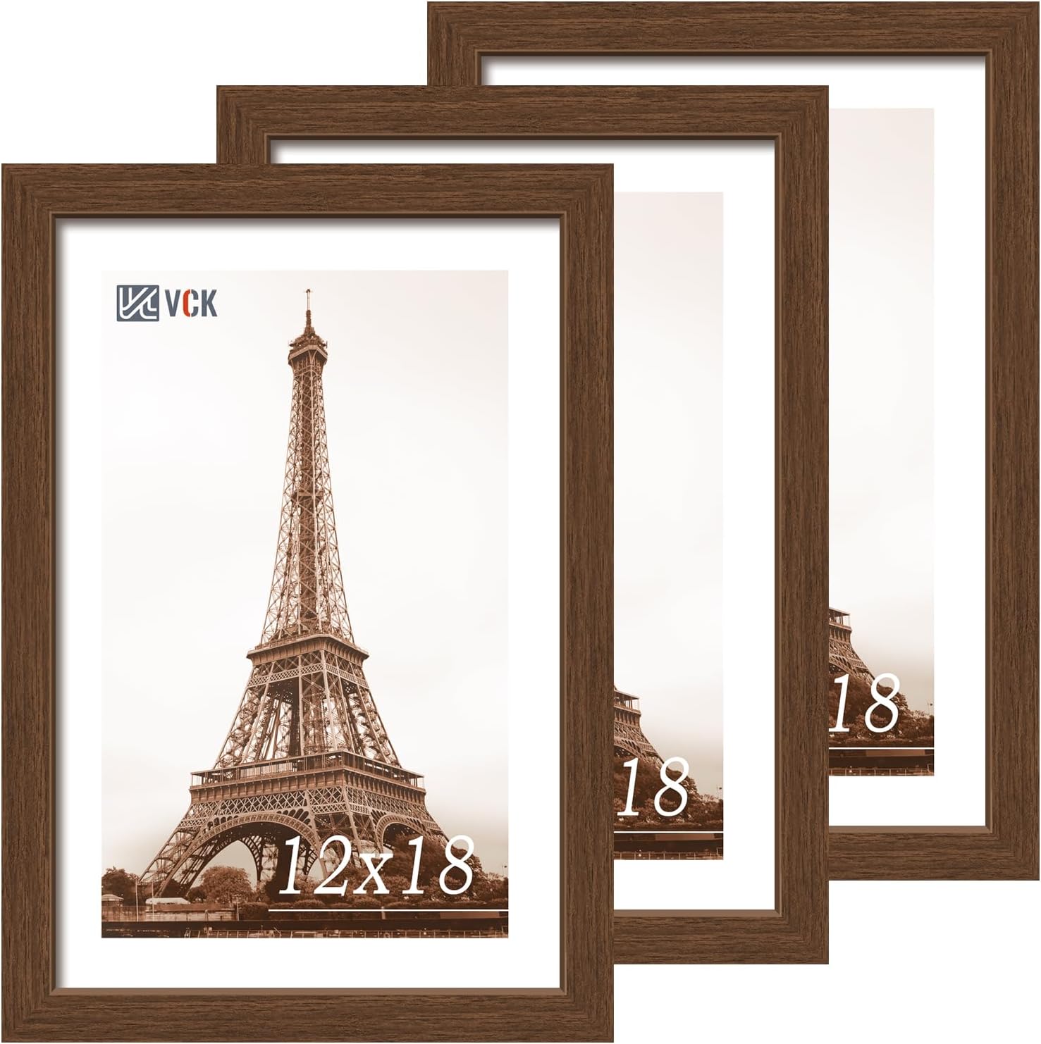 VCK 12x18 Picture Frame 3 Pack, Brown Wood Poster Frame with Exclusive Wood Grain, Wall Mounting