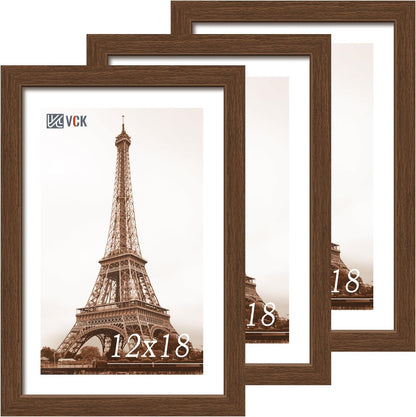 VCK 12x18 Picture Frame 3 Pack, Brown Wood Poster Frame with Exclusive Wood Grain, Wall Mounting