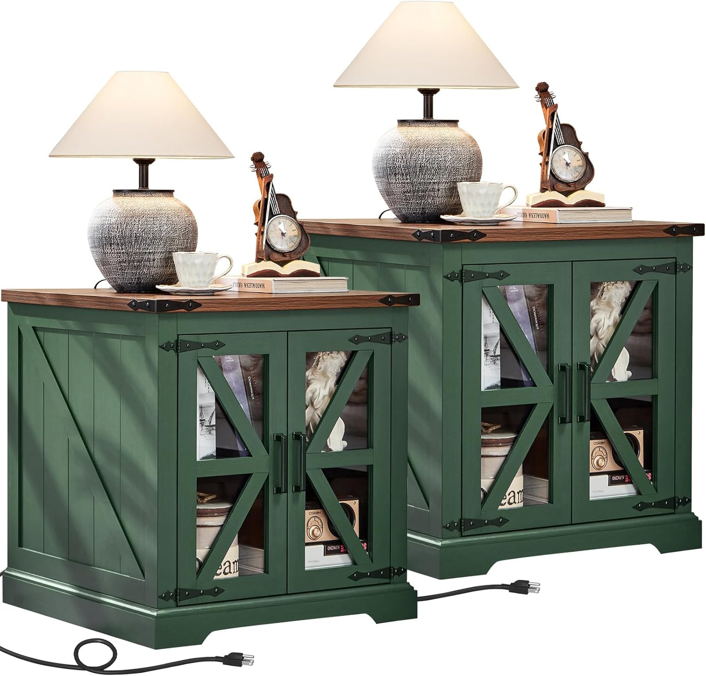 24" End Table Set of 2 with Charging Station, Farmhouse Night Stand with Glass Barn Door