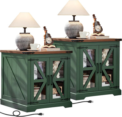 24" End Table Set of 2 with Charging Station, Farmhouse Night Stand with Glass Barn Door