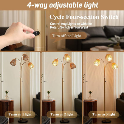 Gold Rattan Floor Lamp for Living Room, 72 Inch Tall Boho Floor Lamp with Rotary Switch, 3 Lights