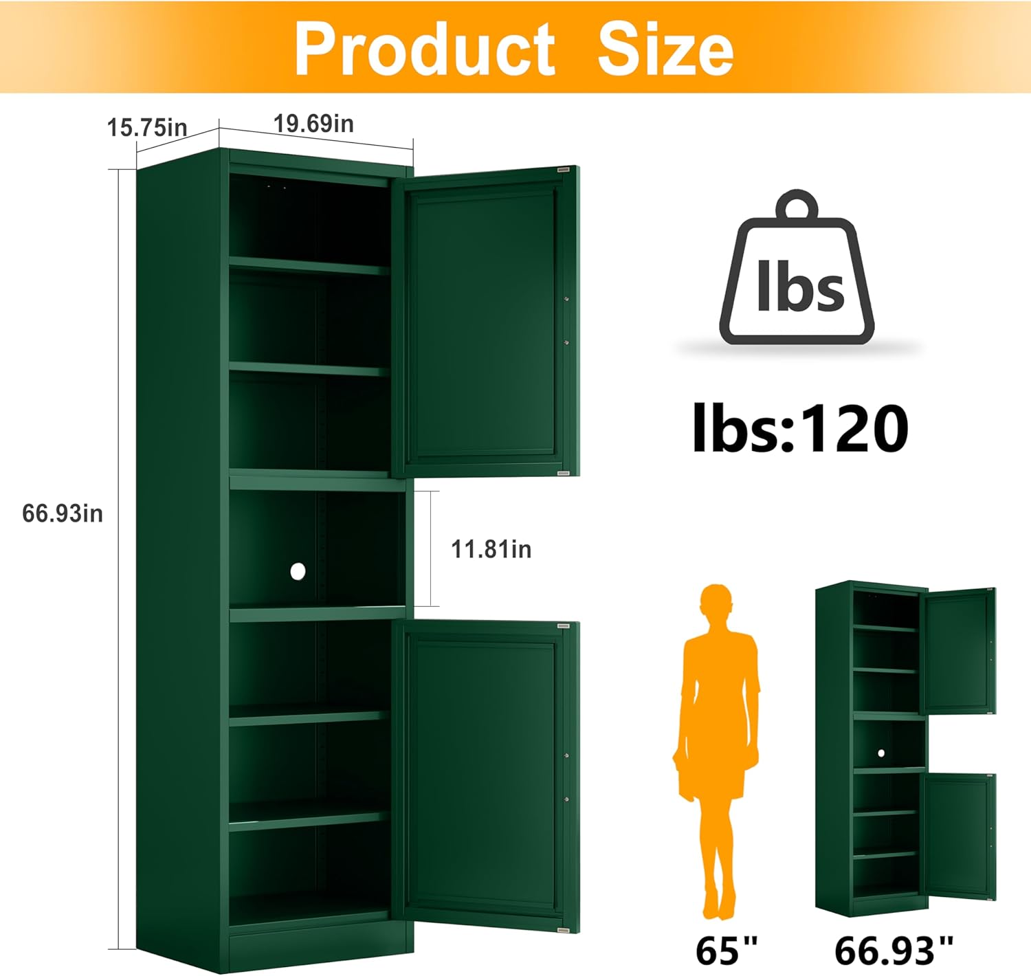 Tall Narrow Storage Cabinet 66.93" H Tall Bathroom Cabinet Metal Pantry Cabinets, 4 Adjustable