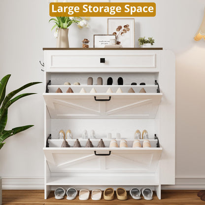 IRONCK Shoe Storage Cabinet with 2 Flip Drawers & Barn Door, White/Walnut