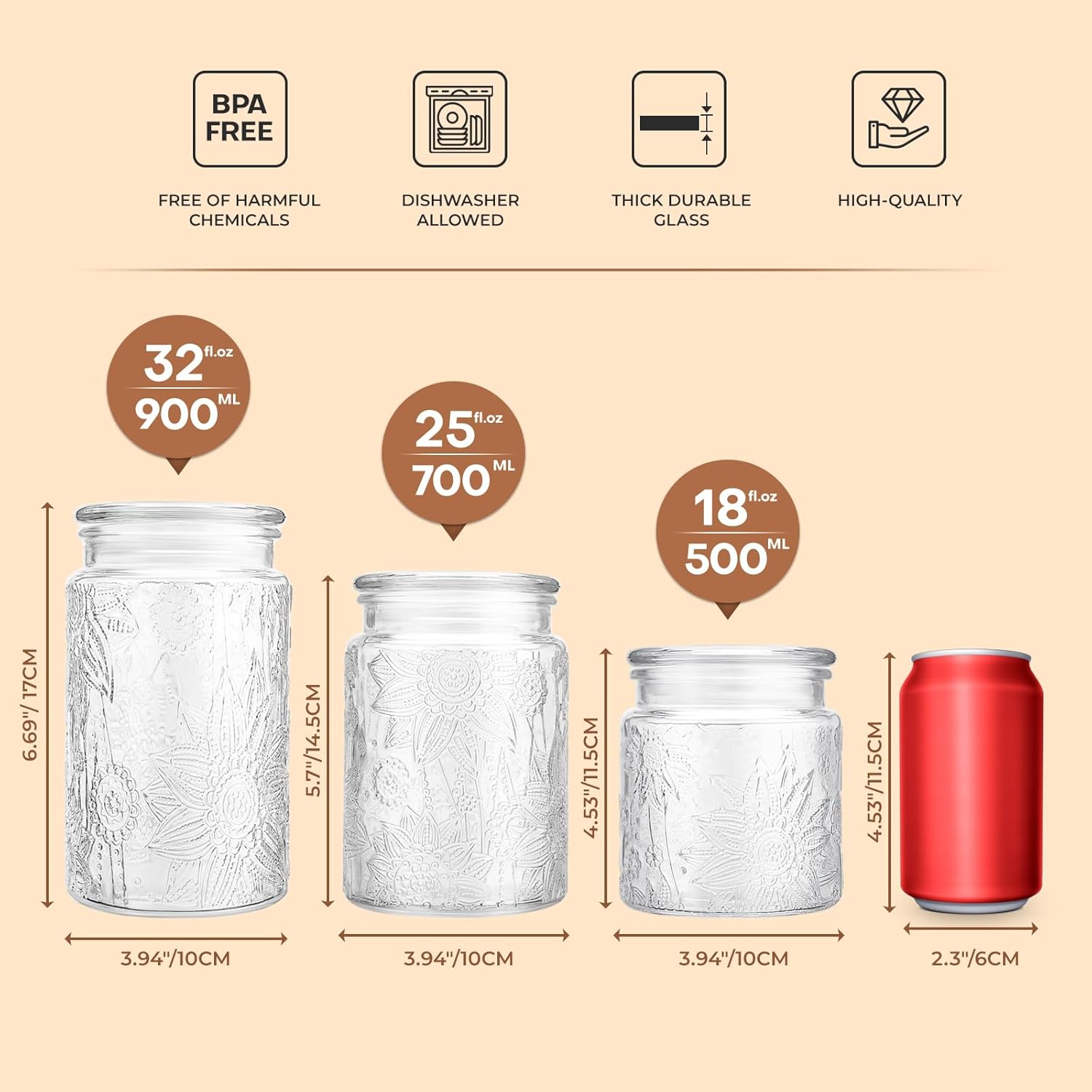 32oz Vintage Glass Jar With Lid, Glass Storage Containers, Airtight Kitchen Storage Containers For