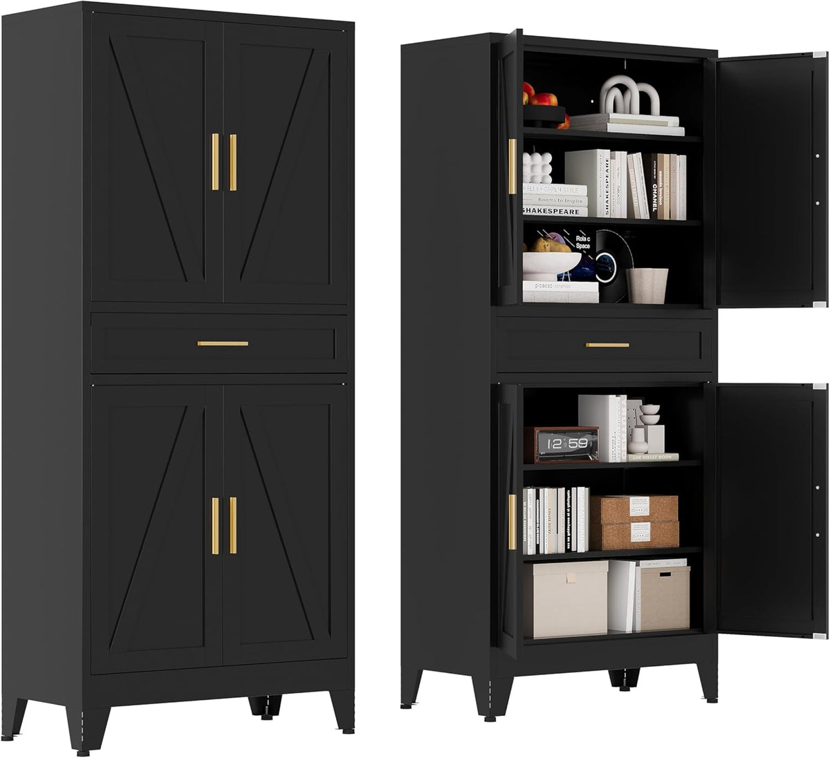 71 "Farmhouse Metal Filing Cabinet with a Drawer and 4 Adjustable Shelves, with 4 Large barn Door