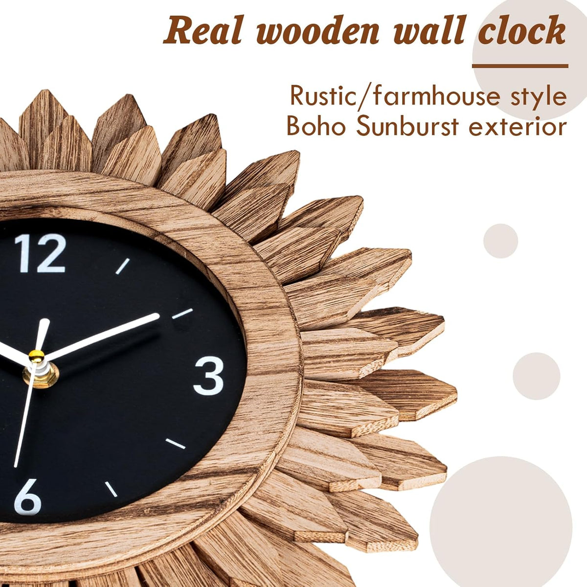 Honiway Wall Clock Battery Operated 12 in Rustic Wood Boho Sunburst Decorative Wall Clock Silent