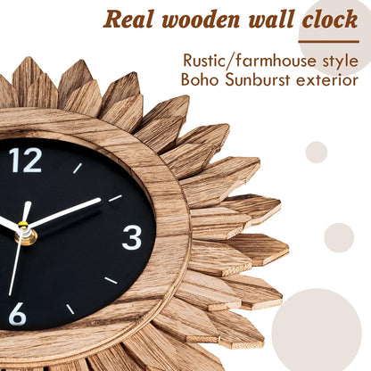 Honiway Wall Clock Battery Operated 12 in Rustic Wood Boho Sunburst Decorative Wall Clock Silent