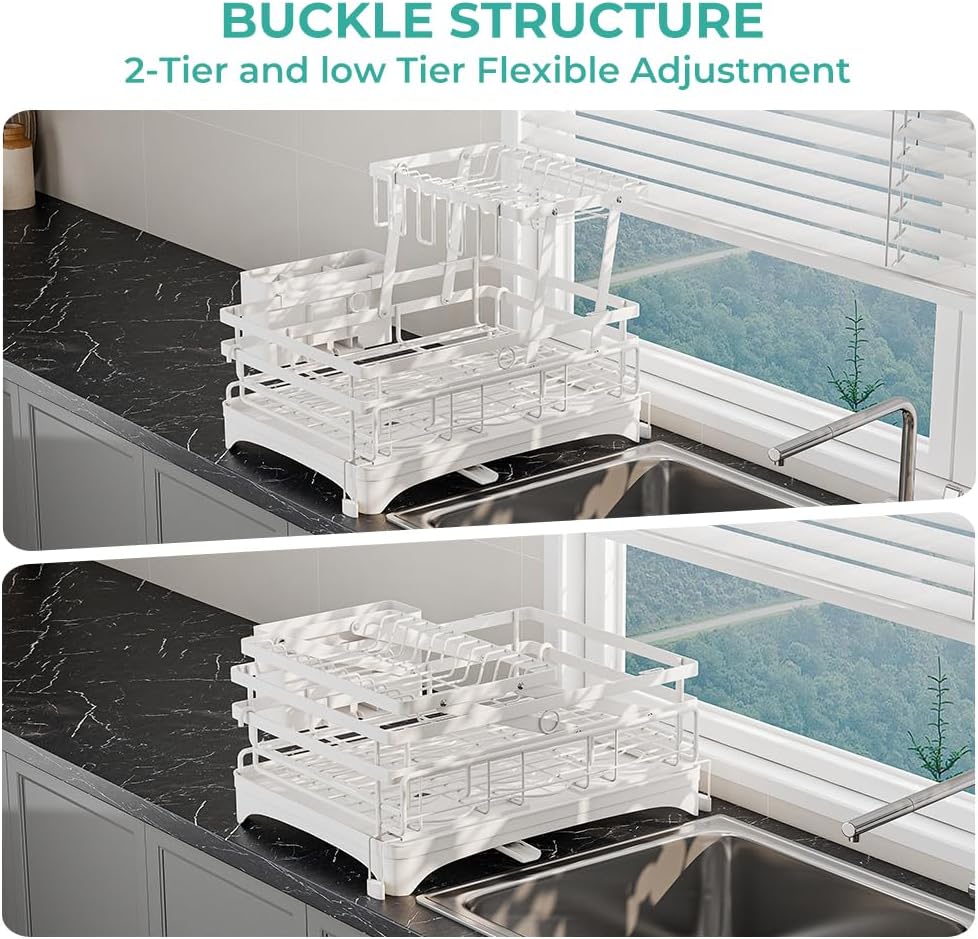 2 Tier Large Dish Drying Rack - Extendable Dish Rack, 2-in-1 Anti-Rust Stainless Steel Dishrack for