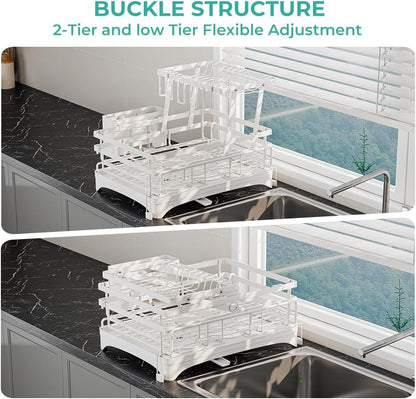 2 Tier Large Dish Drying Rack - Extendable Dish Rack, 2-in-1 Anti-Rust Stainless Steel Dishrack for