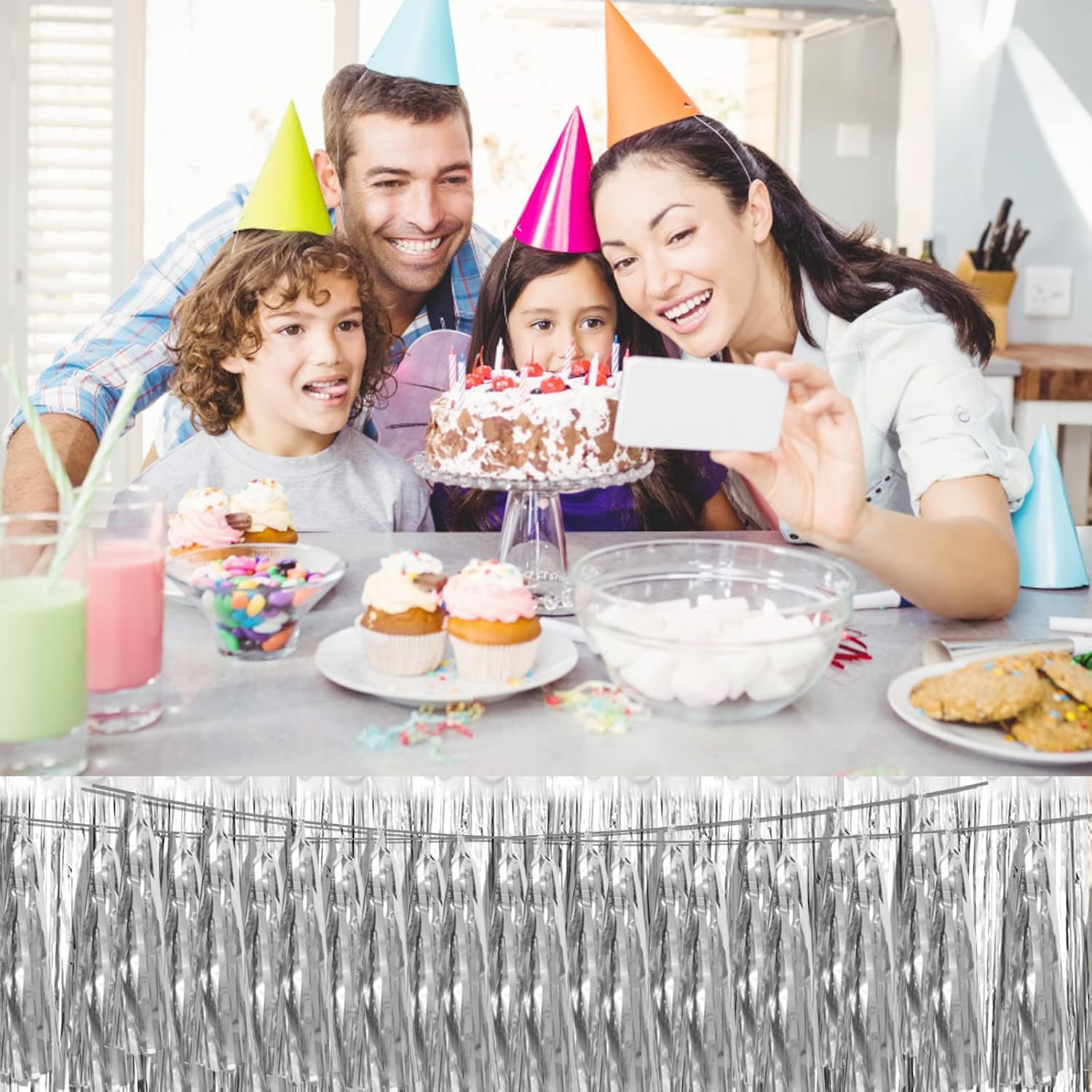 3P Silver Foil Fringe Metallic Tassel Streamers Banner Tassel Garland for Parade Floats
