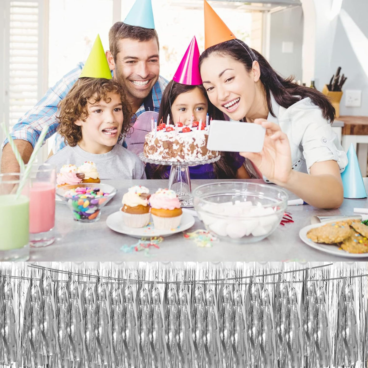 4P Silver Foil Fringe Metallic Tassel Streamers Banner Tassel Garland for Parade Floats