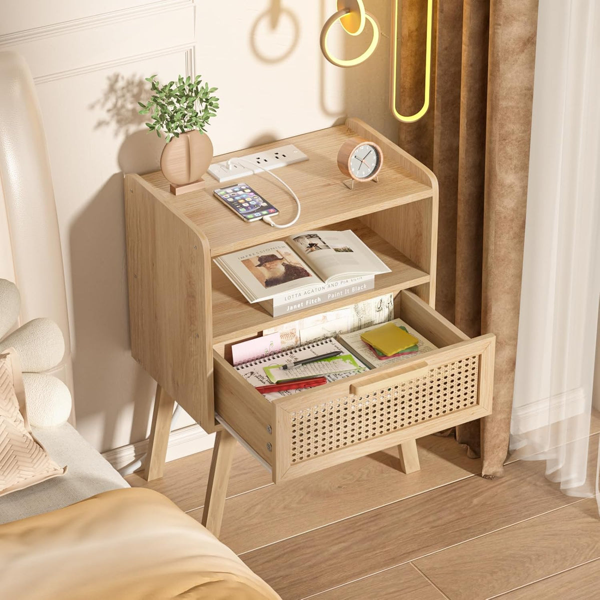 Lerliuo Rattan Nightstand with Charging Station, Boho Night Stand with Handmade Natural Rattan