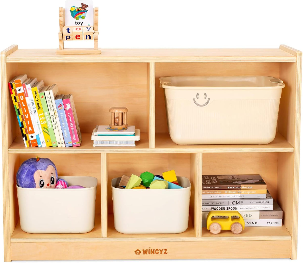 wingyz Wood Storage Shelf Organizer, 35.4" L, 5-Section Montessori Kids Toy & Book Shelf, Wooden