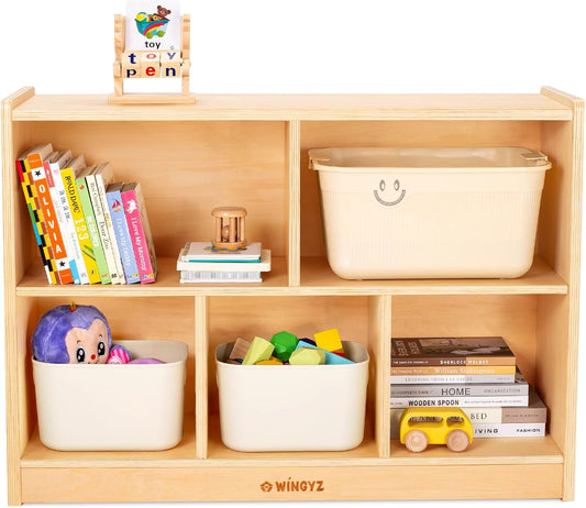wingyz Wood Storage Shelf Organizer, 35.4" L, 5-Section Montessori Kids Toy & Book Shelf, Wooden