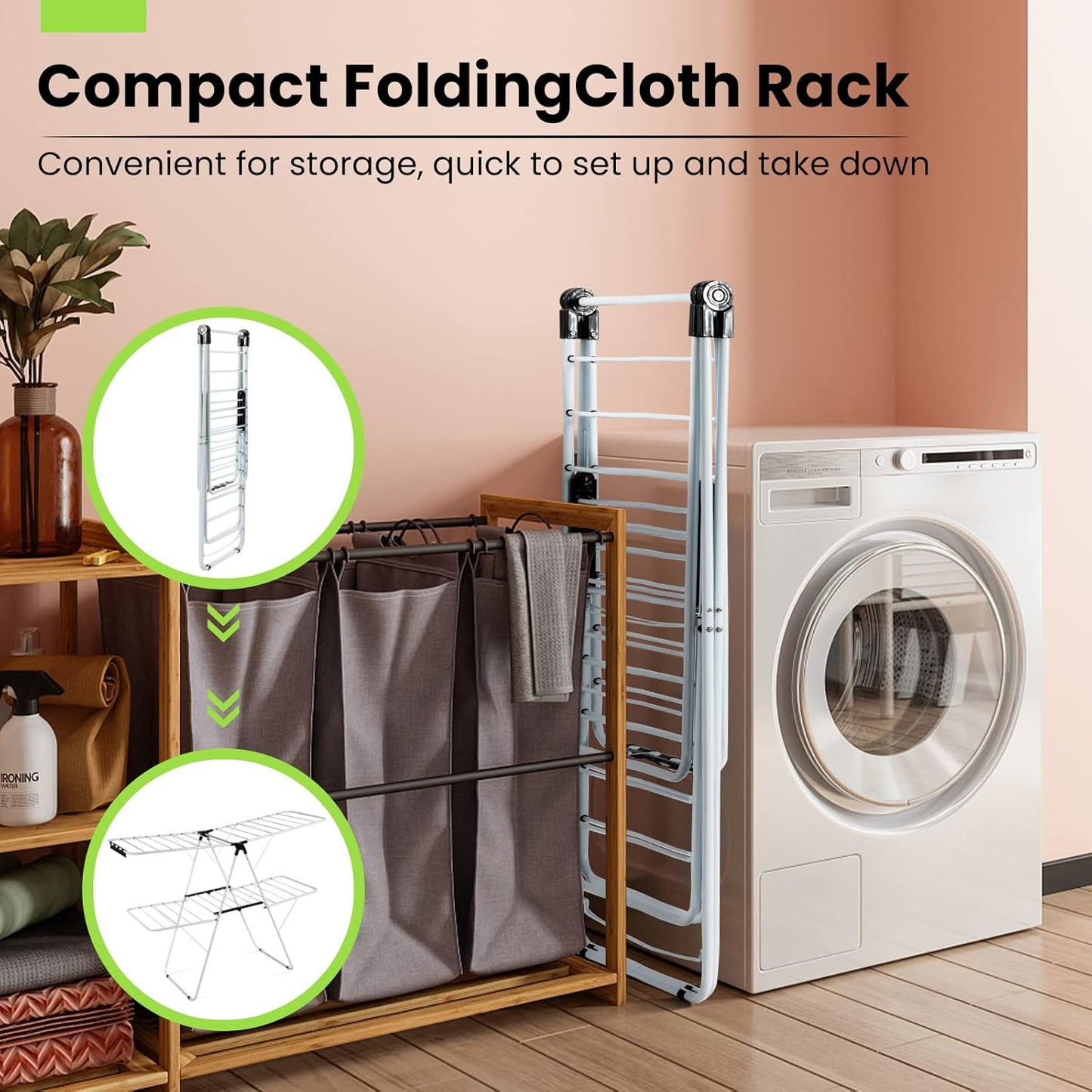COSTWAY Clothes Drying Rack, Foldable 2-Level Laundry Drying Rack w/Height-Adjustable Wings, 33