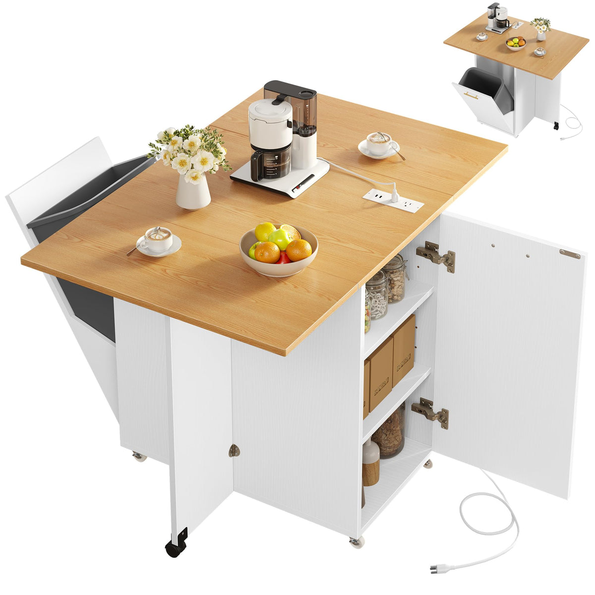 YITAHOME Folding Kitchen Table with Power Outlet, Drop Leaf Kitchen Table Islands for 2 on Wheels