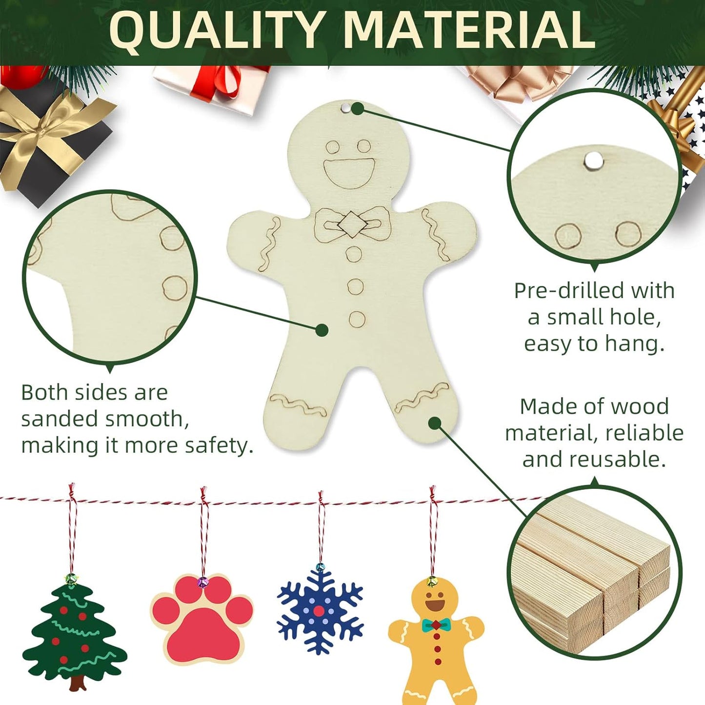 Wooden Christmas Ornaments, 176 PCS Unfinished Predrilled Wood Ornaments Set with 72 Blank Wood