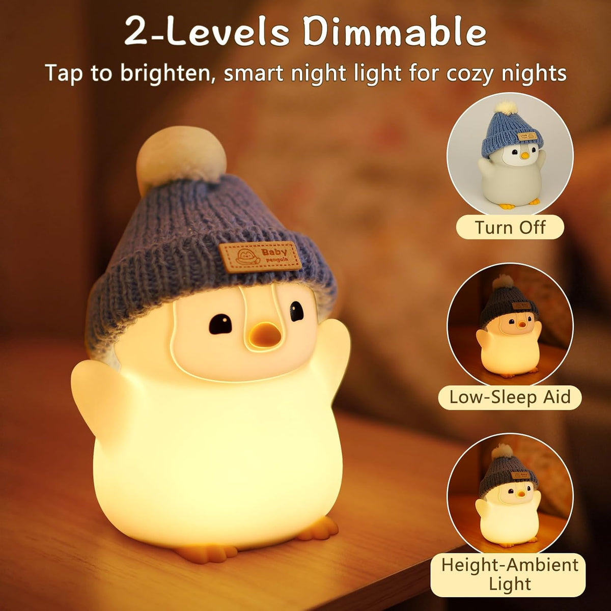 Penguin Night Light for Kids, Adorable Penguin Lamp with Hat, Food Grade Silicone Nursery