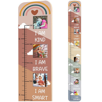Solid Wood Inspirational Growth Chart for Kids with Photo Windows, Motivational Height Chart for