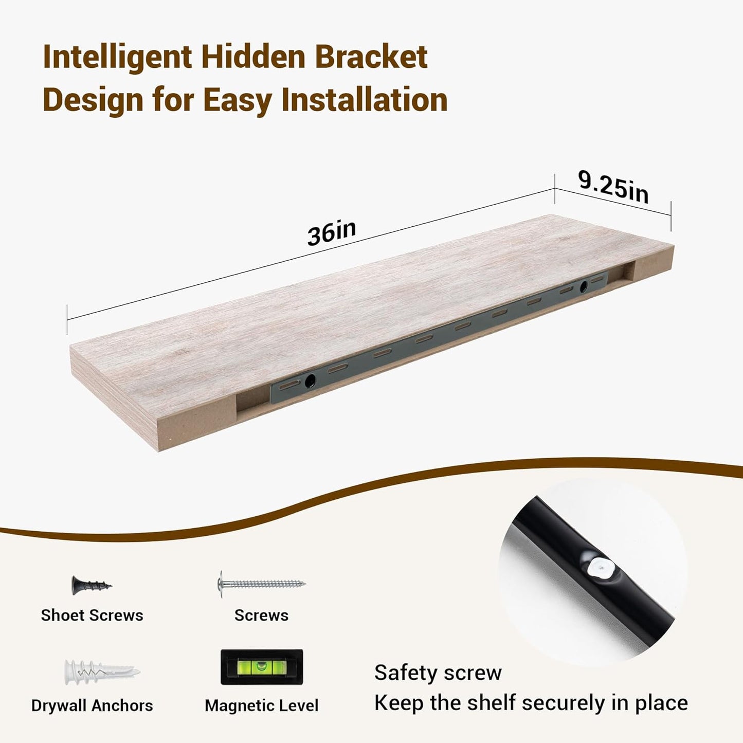 36 Inch Floating Shelves, 3D Textured Wood Grain, 36"x9.25"x1.5" Inch Deep Floating Shelves for