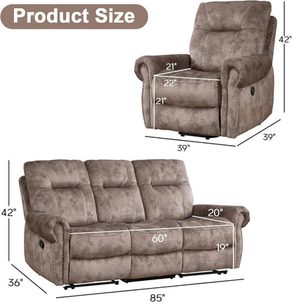 EBELLO 2 Pieces Reclining Couch Furniture Set for Living Room, 1 Seat Power Recliner and a 3 Seater