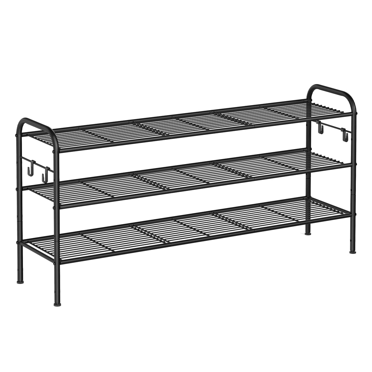 SONGMICS Shoe Rack, 3-Tier Shoe Organizer, Metal Shoe Shelf Storage with 4 Side Hooks, Holds 24