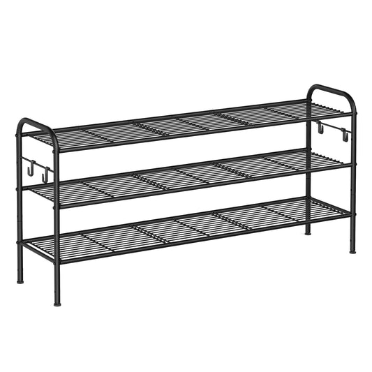SONGMICS Shoe Rack, 3-Tier Shoe Organizer, Metal Shoe Shelf Storage with 4 Side Hooks, Holds 24