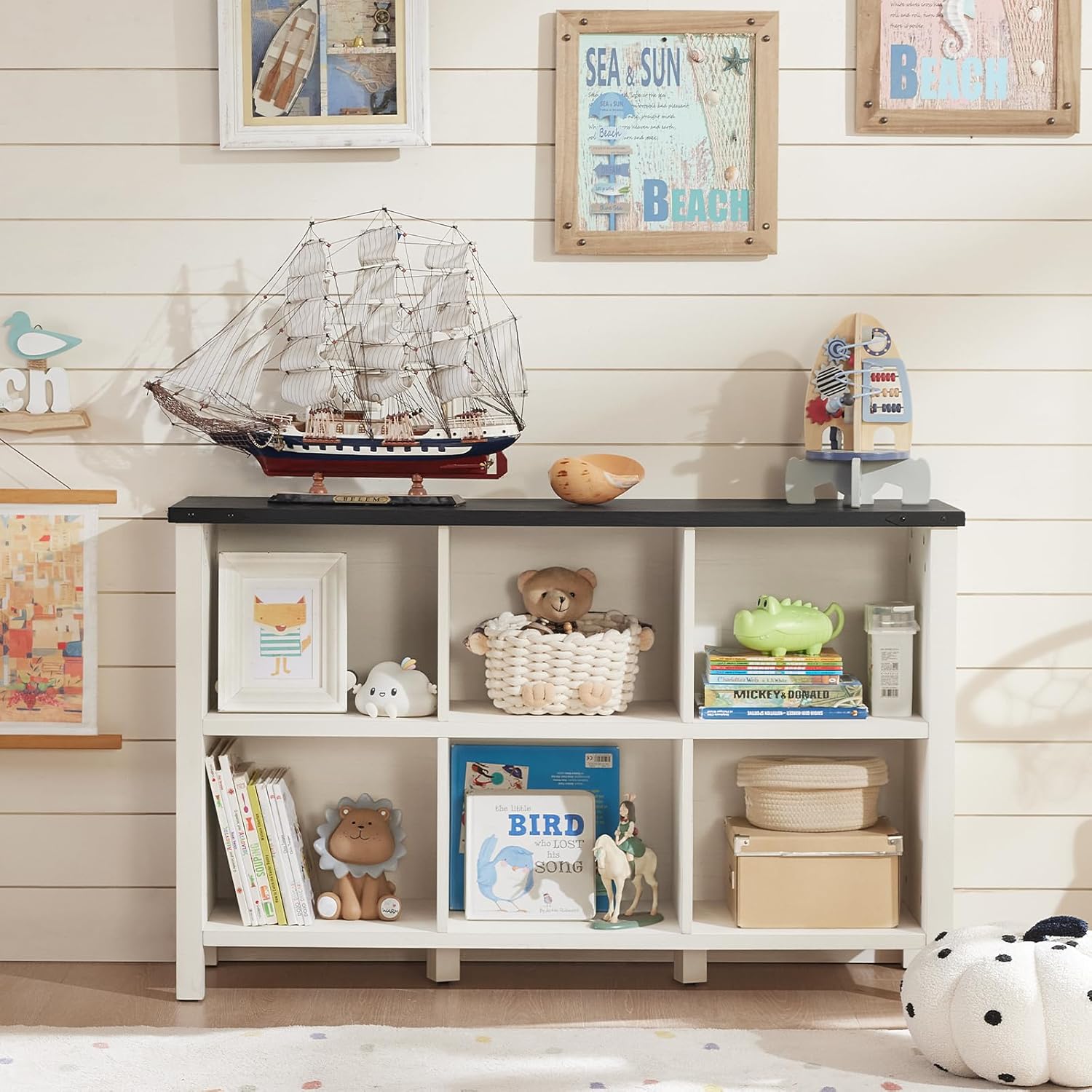 Farmhouse 6 Cube Bookshelf, Antique White & Black Wooden Storage Organizer Book Shelf, 47" Cubby