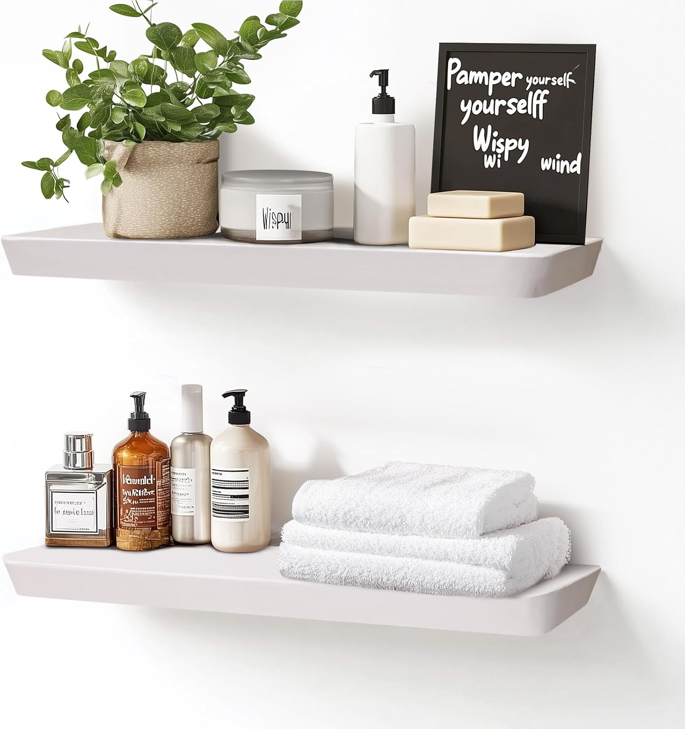 24"x6.8"x1.6" Slanted Floating Wall Shelves 2-Pack - Rustic White Finish, Heavy-Duty Solid Wood