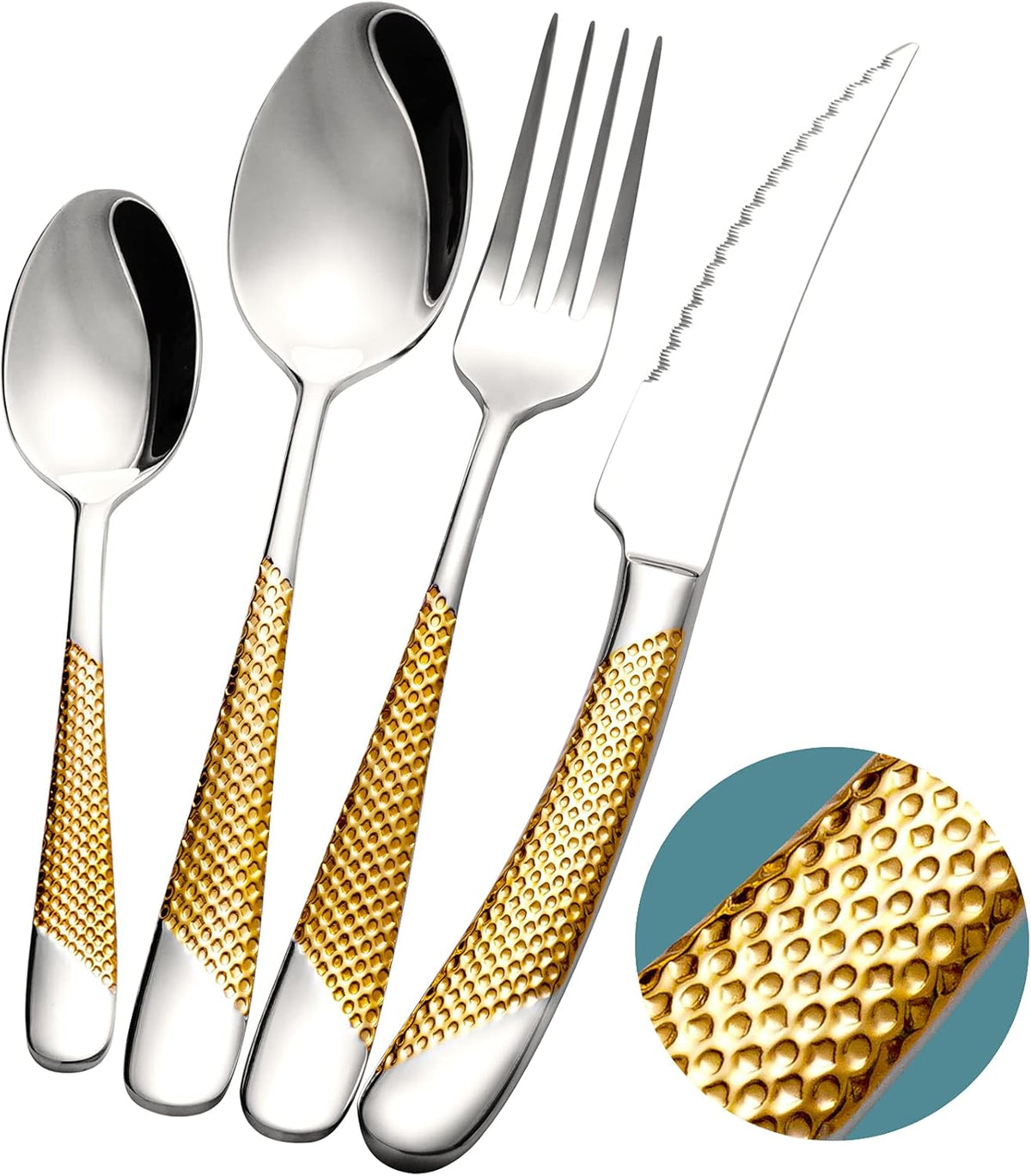 16 Piece Hammered Silver Gold Silverware Set, Modern Golden 18/10 Stainless Steel Flatware Set