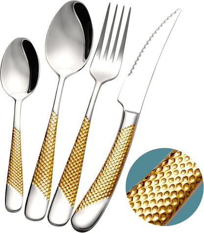 16 Piece Hammered Silver Gold Silverware Set, Modern Golden 18/10 Stainless Steel Flatware Set