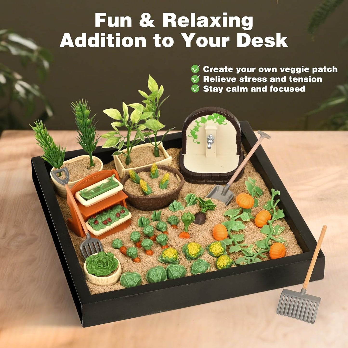 Dreamon Zen Sand Garden for Desk - Vegetable Gardening Themed Sand Tray Therapy Kit with 56