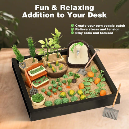 Dreamon Zen Sand Garden for Desk - Vegetable Gardening Themed Sand Tray Therapy Kit with 56
