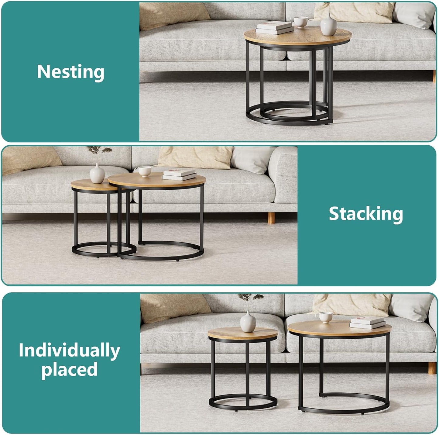 Smuxee Nesting Coffee Table Set of 2, 23.6" Round Coffee Table Brown Wood with Adjustable Non-Slip