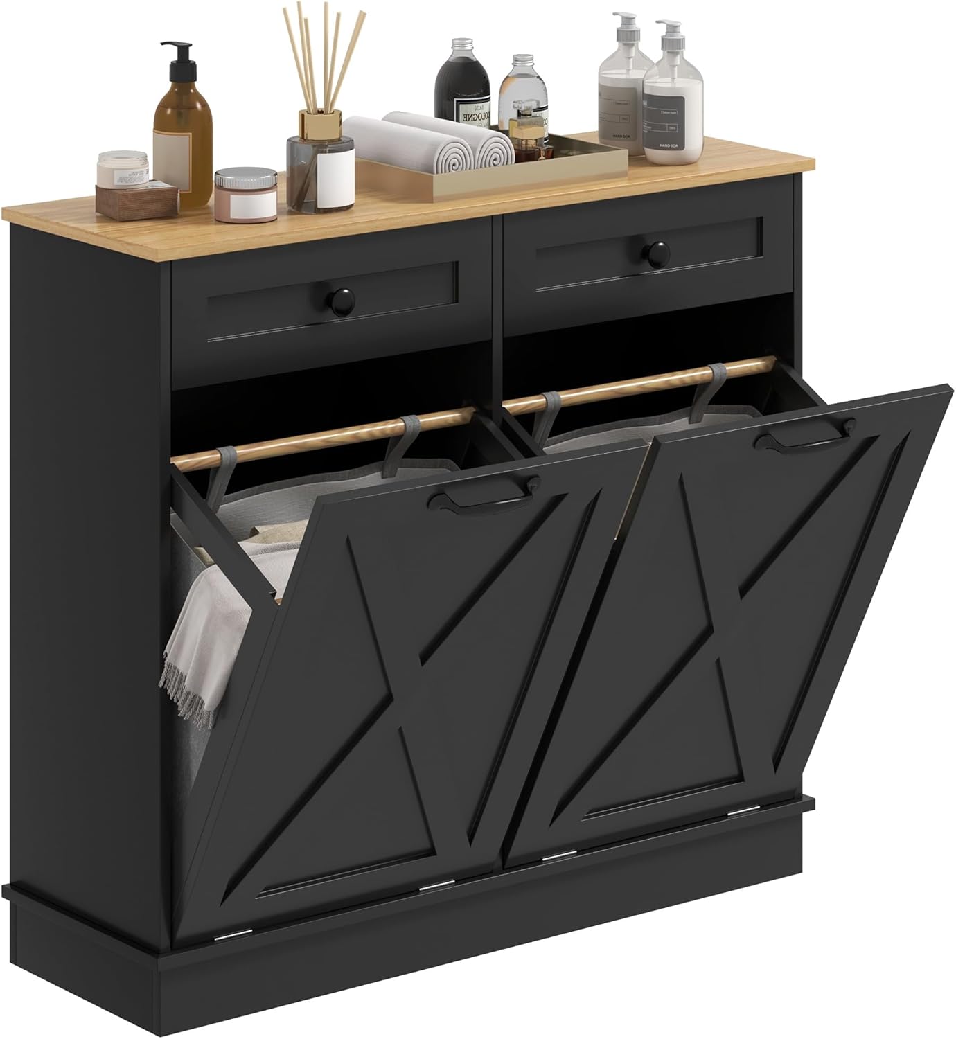 HOMCOM Tilt Out Laundry Hamper Cabinet with 2 Removable Baskets, Freestanding Bathroom Storage