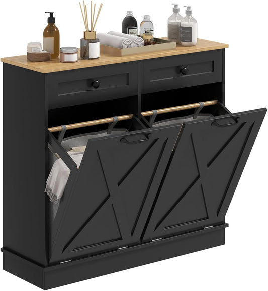 HOMCOM Tilt Out Laundry Hamper Cabinet with 2 Removable Baskets, Freestanding Bathroom Storage