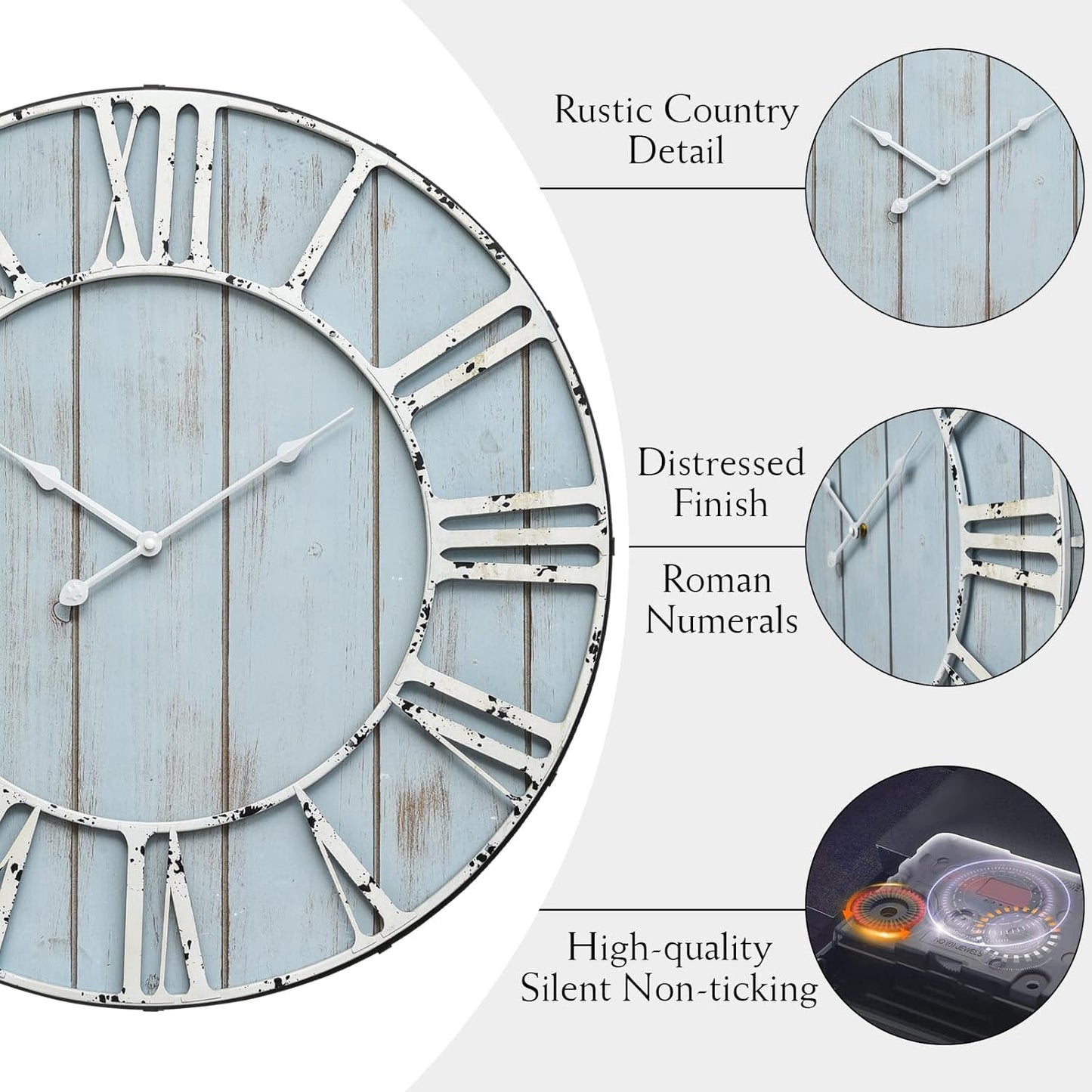 Large Farmhouse Wall Clock 24 Inch Vintage Blue Wooden Wall Clock with Quiet Ticking and Minimalist