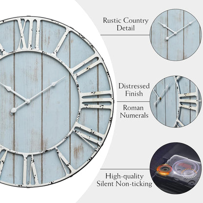 Large Farmhouse Wall Clock 24 Inch Vintage Blue Wooden Wall Clock with Quiet Ticking and Minimalist